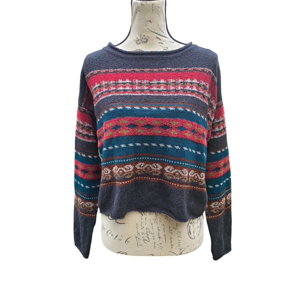 Peruvian Connection Women's‎ Knit Striped Alpaca Blend Cropped Sweater Medium